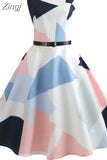 Womens Summer Dresses Women Robe Elegant Vintage Retro Swing Rockabilly Dress High Waist Floral Runway Sundress