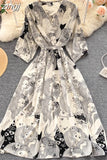 Women Flower Printed Midi Dress Spring Autumn Elegant V-Neck Slim Vestidos Casual High Waist A-Line Bohemian Robe