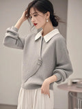 Gray Fake Two Knitted Sweater Women's Autumn And Winter Korean Atmosphere Relaxed Leisure Polo Collar