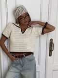 Summer New Knitted Hollow Navy Round Five-Sleeve Polo Shirt Front Shoulder Women Short Loose