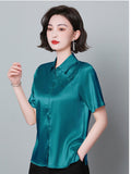 Women Shirt Embroidered Womens Tops Satin Short Sleeve Blouse 2023 Summer Fashion Female Clothing Casual Shirts for