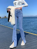 Boyfriend Mom Women Flared Jeans Woman High Waist Wide Leg Pants Stretch Fashion Tight Washde Denim Trousers for