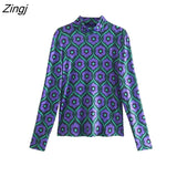 Women Vintage Half High Collar Floral Print Slim Blouses Lady Chic Long Sleeve Retro Shirt Blusas Tops