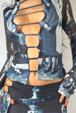 Spring Autumn O-Neck Hollow Out Shirt Long Sleeve Print Tops Sexy Navel-exposed Fashion Casual Clothes Women Blusas