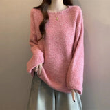 Good-Looking Pink Sea Hair Knitted Shirt Shoulder Sweater Women 2025 Autumn New Large-Size Fat Mm Medium Long