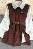 lantern shirt 2 two piece set women knitted vest 2023 spring autumn womens Long sleeve Shirts sets Sleeveless Sweater