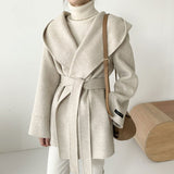 Chic Autumn French Temperament Hooded Pocket Design Strapped To The Waist Thin Solid Color Long-Sleeved