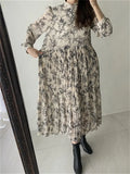 Spring Women New Floral Chiffon Dress Casual Pleated Woman Dress Fashion Ladies Womens Print Long Sleeve