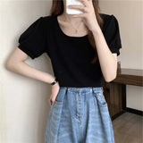 Zingj Sleeve T Shirt Female Summer 2024 New French Design Sense Low Round Collar Slim Thin Short Sleeve Student