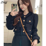 Winter White Short Tweed Jacket Women Elegant Pockets Chic Casual Coat Female Single-breasted Fashion Korean Slim Sweet