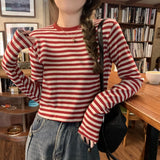 Zingj Color Striped Long-Sleeved T-Shirt Female Autumn 2024 New Casual Look Thin With A Bottom Shirt Short Student