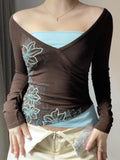 Women's Clothing Crash Color Fake Two Big V-Neck T-Shirt Tight Hottie Temperament Retro New Long-Sleeved