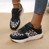 Splicing Lace Single-Shoe Women 2025 New Thick-Soled Round Head Low Leopard-Print Sports Casual Shoes