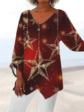 Women's Clothing 2025 Summer New T-Shirt Casual Loose Irregular Print Long-Sleeved V-Neck