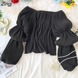 Off Shoulder Pleated Shirts Women Korean Sweet Fluffy Big Puff Sleeve Tops Elegant Vintage Solid Backless Chiffon