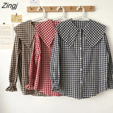 Womens Peter Pan Collar Puff Sleeve Plaid College Stylish Korean Style Sweet Students Casual Fashion Harajuku