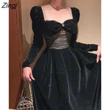 Winter One Piece Dress Korean Ladies Black Fashion Elegant Velvet Dress Female Vintage Long Sleeve Evening Party Midi