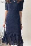 Chic Korean Temperament Slim Sexy Hollow Out Dresses O Neck Short Sleeve Wrap Hip Knitted Dress White Lady Summer