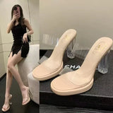 Summer Large-Size Transparent Crystal High-Heeled Shoes Women's New Water Drill Outside Wearing Cool Slippers Pu Net