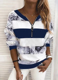 Women's New Digital Printing Zipper V-Neck Loose Leisure Clothing Long-Sleeved