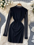 Black Sexy Bodycon Dress With Diamonds Vintage Stand Collar Long Sleeve High Waist Bling Mini Vestidos 2023 New