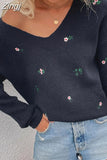 Winter Women's V Neck Sweater Flower White Long Sleeve Warm Knitted Sweater Women Green Embroidered Sweater for