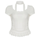 Hottie Style Solid Color Lace Splicing Short Sleeves Around The Neck Coat Folded Waist Collar Casual T-Shirt