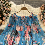 Slash Neck Spaghetti Strap Mini Chiffon Dress Women Summer Vacation Beach Flare Long Sleeve Ruffle Blue/Green Vestidos
