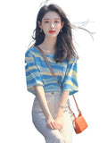 Korean Chic Oceanous Special To Beautiful Blouse Loose And Thin Blue Striped
