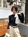 Xixi 2025 Autumn White Standard Korean Version Of Elegant Temperament Solid Color Tie With Thin Knitted Shirt Top Female