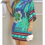 Summer Women's Mini Tropical Print Half Sleeve Casual Dress Round Neck