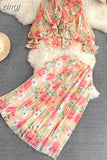 Floral Printed Two Piece Set Spring Autumn V-Neck Ruffle Draped Flare Sleeve Chiffon Blouse+High Waist Pleated Skirt