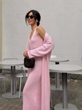 Hot Cotton Knitted Hollow Vest Long Dress + Long Sleeve Open Shirt Set Women's Soft Knitted