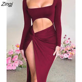 Sexy Hollow Out Ruched Women Dress Red Long Sleeve High Slit Maxi Dress Female Autumn Skinny Elegant Party Clubwear