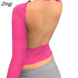 Women Trendy T-Shirt Sexy Solid Color Long Sleeve Fitted Cutout Open Back Going Out Tops Streetwear for Females