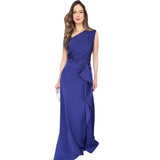 Zingj Summer New Solid Color Fashion Inclined Collar Waist Slim Temperament Elegant Dress-Outfit