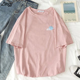 Women Short Sleeve T-shirts O-neck Embroidery Casual Simple Soft Korean Style Trendy Loose Tops Womens Sweet Girls Harajuku