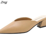 Summer Fashion Women Pointed Toe Slipper Nude White Square Low Heels Outsides Ladies Slides Luxury Brand Beach Mules