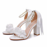 Cm White Flowers Thick Heel Sandals Shallow Word With Square Fish Mouth Sandals White Beads Drifted