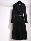 Women's Dress Notched Chiffon Elegant Dresses for Women 2023 Spring Pleated White Dress Belt Knee-Length Solid OL Woman