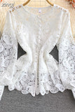 Vintage Red/White/Pink Hollow Out Lace Blouse Women Elegant Lantern Long Sleeve Single Breasted Tops Female Blusas