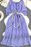 Autumn Vintage Women Hollow Out Lace Party Dress Sexy Slash Neck Off Shoulder Lantern Sleeve High Waist Vestidos 2023