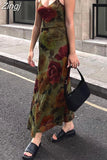 Spaghetti Strap Vintage Floral Printing Chiffon Dress Long Chic Fashion Holidays Maxi Dresses Women Double Layer