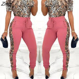 Women Sexy Cheetah Print Top & Colorblock Drawstring Trousers Women's Two Pieces Suits Skinny Pencil Pants Set Tracksuit