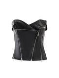 Women Black PU Leather Bandeau Off Shoulder Tube Tops Solid Summer Casual Strapless Zipper Sleeveless Tank Crop