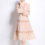 Court Wind Shattered Flower Lantern Sleeve Dress Women's Spring New Hollow Hook Flower V Collar Light Luxury Temperament Long