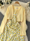 Women Two Piece Set Beach Vacation Long Sleeve Cardigans + Floral Spaghetti Strap Midi Dress Female Suit New