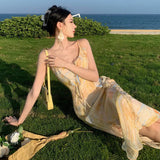 Zingj V-Neck Sling Floral Dress Summer French Seaside Vacation Long