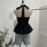 Retro Hanging Neck Tie With Bare Back Sling Skirt Folded Short Sleeveless Top Woman