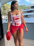 Print Women Two Piece Sets Sleeveless Casual Skinny Low-Neck Bodysuit+Mesh See Through Bandange Skirts Matching